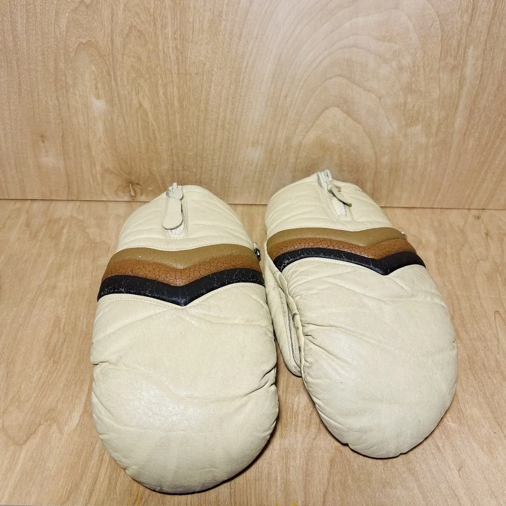 Vintage Hotfingers Leather Mittens Lined Cream Brown Chevron Zipper Skiing Women